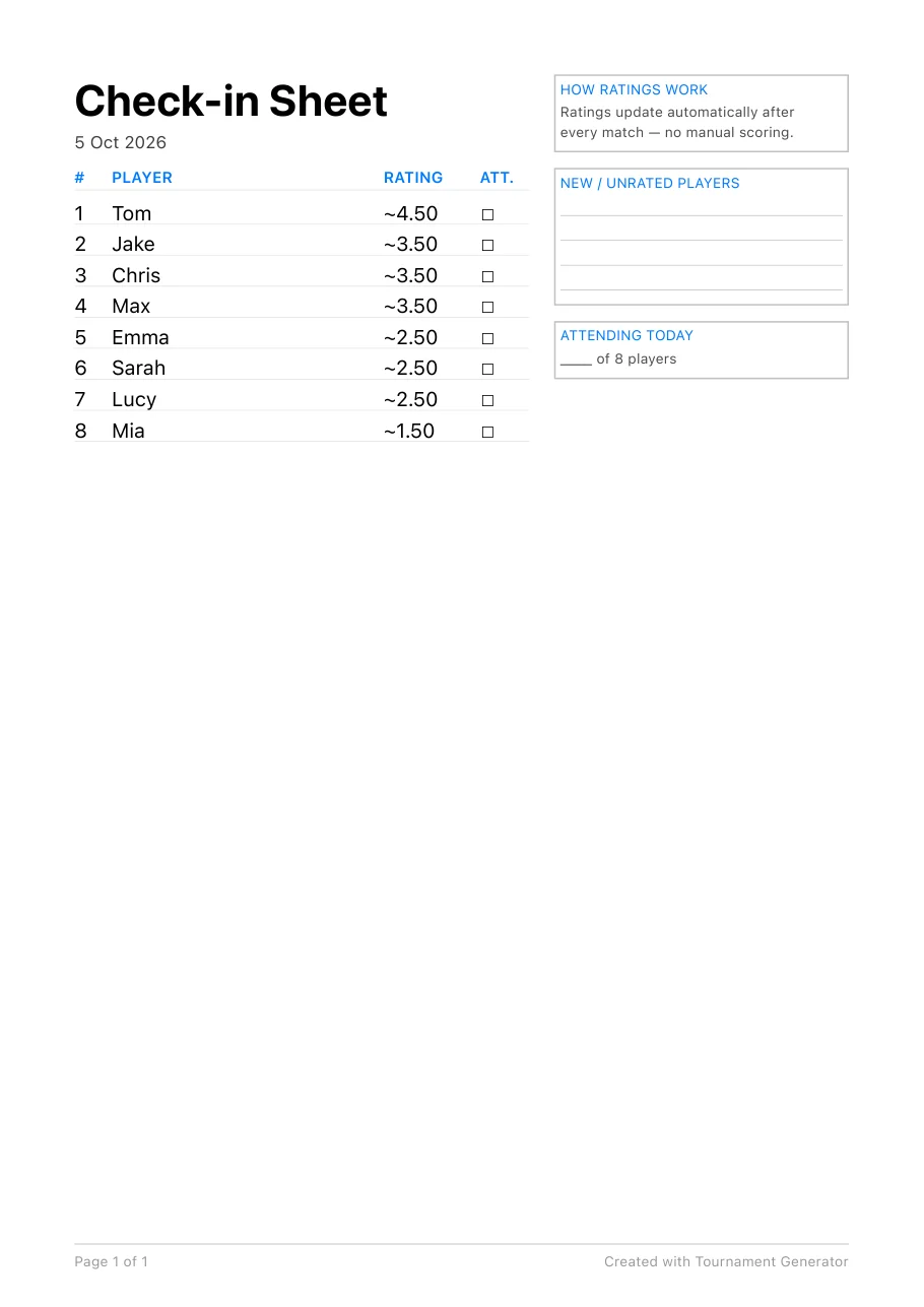 Check-in sheet sample page