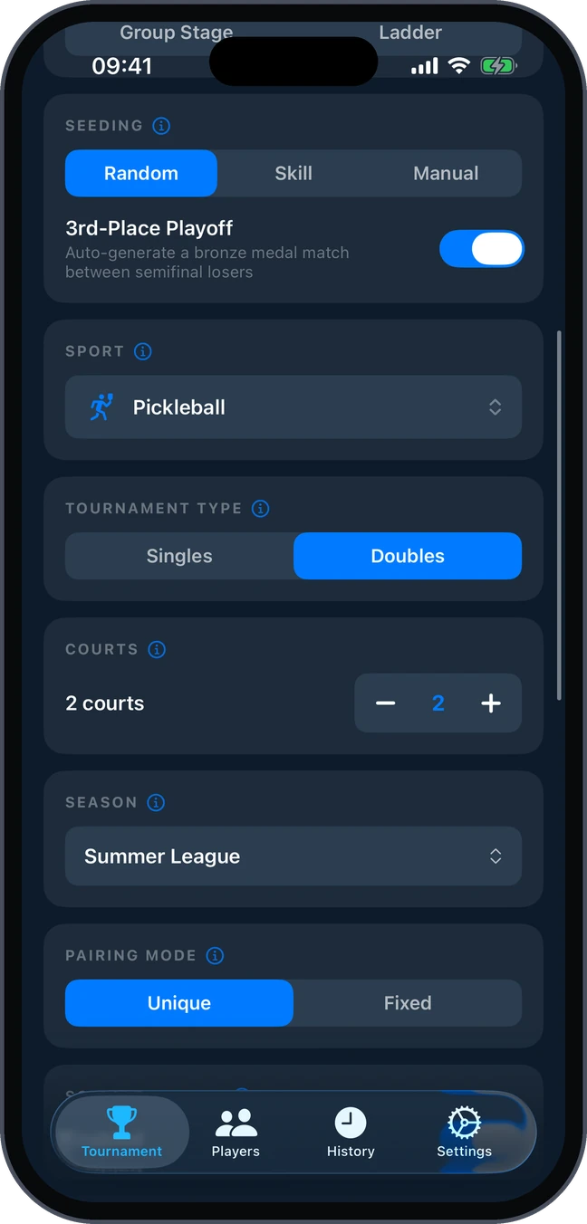 Seeding options: Random, Skill Based or Manual