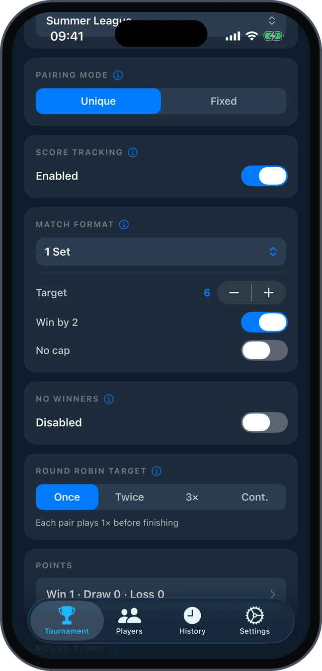 Round Robin Target and points on the setup screen