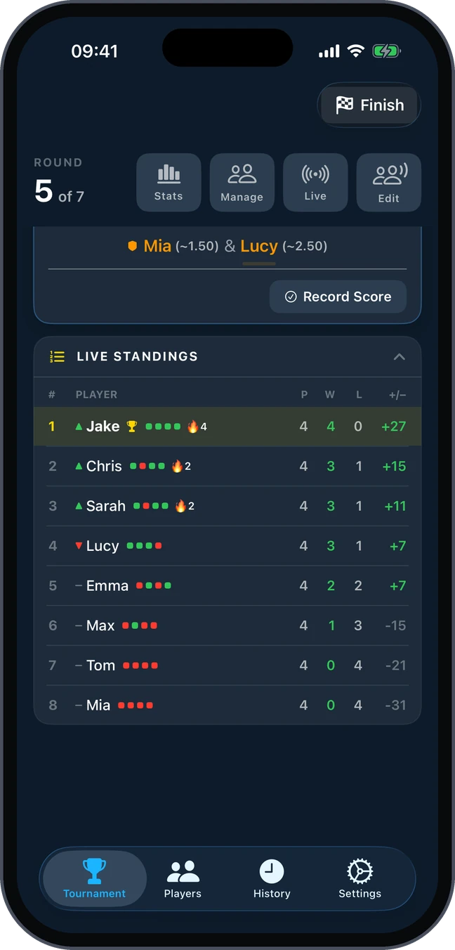Live standings during a round robin