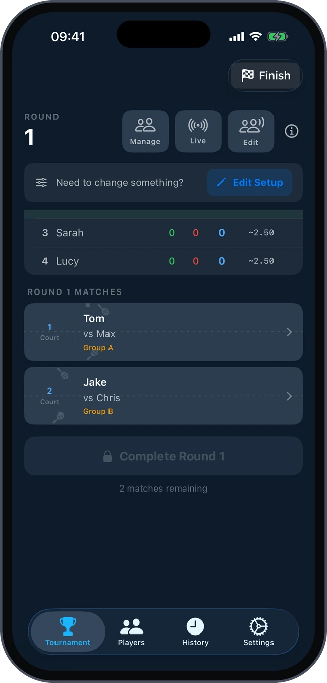 Group tables and round 1 matches