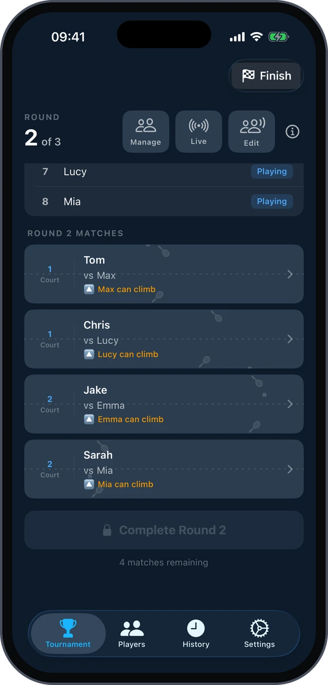 Ladder round 2: each match shows who can climb
