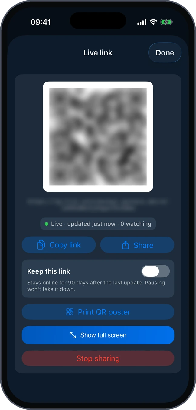 The Live link sheet in the app, with QR code, Keep this link and Print QR poster